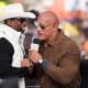 Colorado Buffaloes head coach Deion Sanders and celebrity guest picker Dwayne Johnson on the set of ESPN College GameDay prior to the game between the Colorado Buffaloes and the Colorado State Rams at Folsom Field